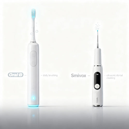 Smivox dentist-founded ultrasonic dental cleaner compared with Oral-B device — real ultrasonic 42,000 Hz vibration vs surface cleaning.