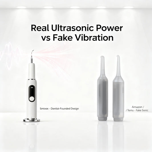 Smivox ultrasonic scaler compared to generic Amazon or Temu devices — real ultrasonic power and dentist-level results at home.