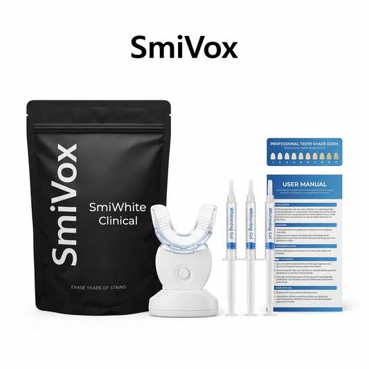 SmiVox teeth whitening kit with packaging, device, and user manual on a white background