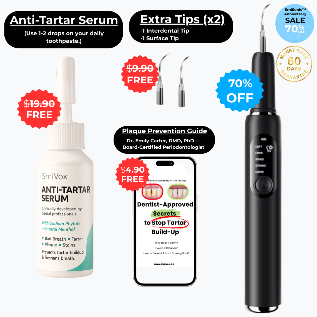 SmiSonic™ Home Tooth Cleaner – At-Home Solution for Tartar, Stains & Bad Breath + Anti-Tartar Serum